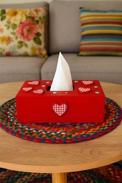 Fun Life Handmade Wooden Handkerchief Box with Heart Detail - Red