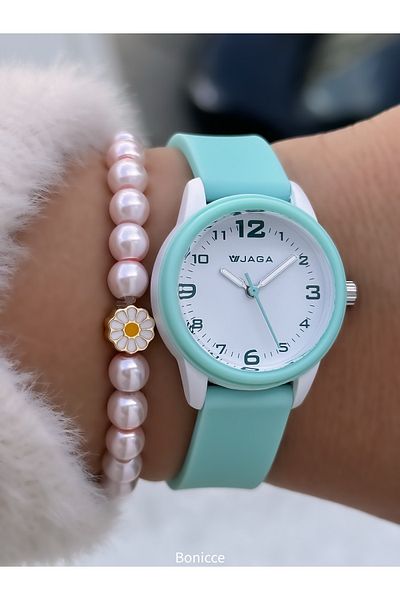 Jaga Suitable for Pool Sea Use Water Green Silicone Cord Girls' Digital Wristwatch + Daisy Bracelet