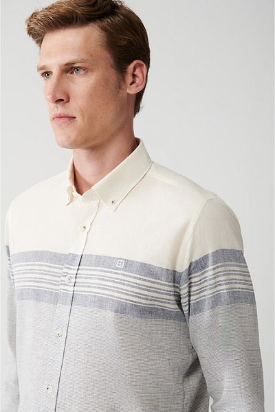 Avva Men's Navy Blue Cotton Linen Blended Striped Shirt A31Y2270