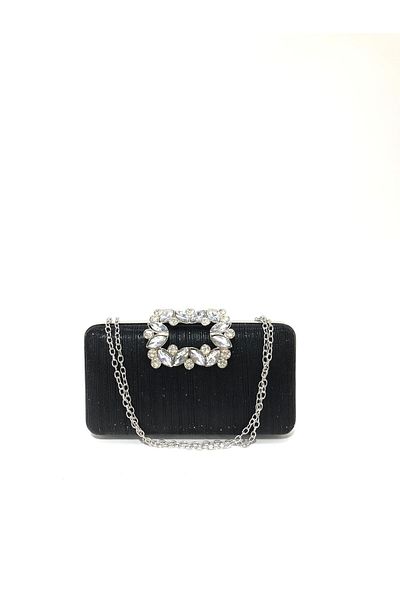 womenacs Rochie de seară de culoare neagră din țesătură cu laser cu flori de piatră, de mână și cu curea, pochette de seară