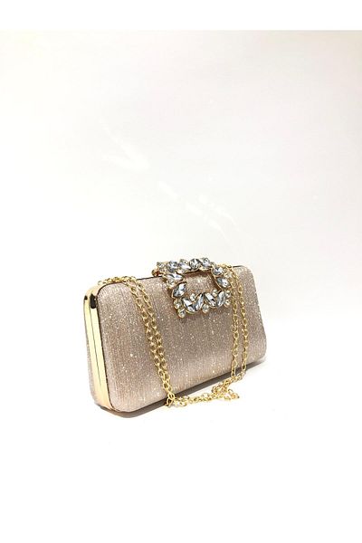 womenacs Gold Color Laser Fabric Flower Motif Stones Hand and Strap Evening Dress Portfolio Clutch Evening Bag