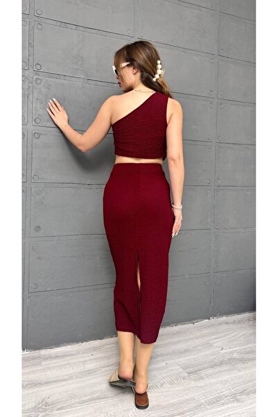 Butik Merrline Women's Babil Model Gagari Fabric One Shoulder Blouse Crop Slit Back Skirt Bottom Top Double Set