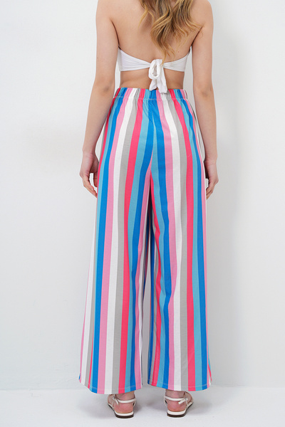 VAGGON Women's Pink-Blue Double Pocket Line Patterned Wide Leg Summer Trousers Prmx14142