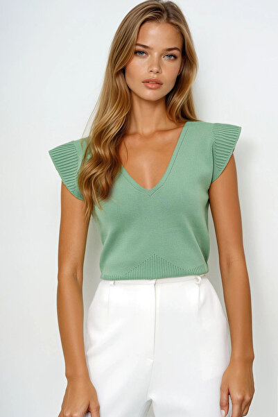 VAGGON Μπλούζα με καλοκαιρινό πλεκτό μπροστινό πίσω V λαιμόκοψη