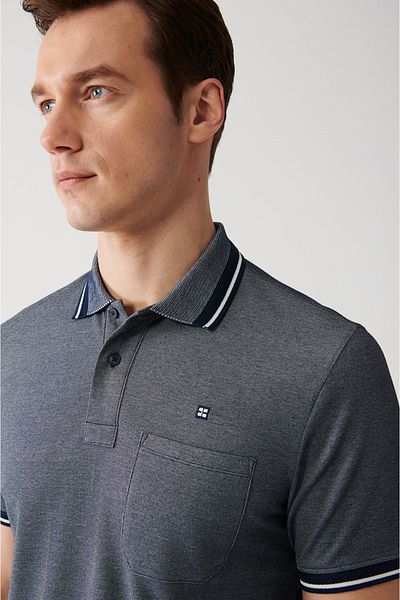 Avva Men's Navy Blue Non-Curling Collar Pocket 2 Button Polo Collar T-Shirt E 001031