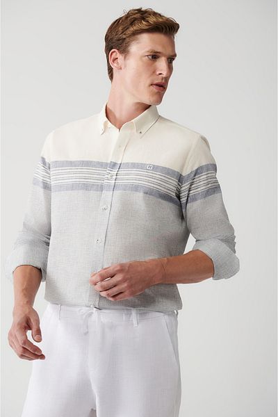 Avva Men's Navy Blue Cotton Linen Blended Striped Shirt A31Y2270