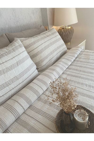 Befera Design Σετ παπλωματοθήκη από μουσελίνα 100% βαμβακερό διπλό πλενόμενο σετ παπλωματοθήκης που δεν ζητά σιδέρωμα μπεζ ριγέ