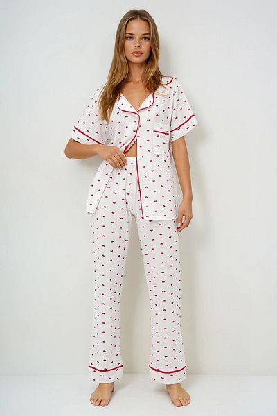 VAGGON Women's Mini Heart Red Single Pocket Piping Detailed Cotton Shirt and Pants Pajama Set