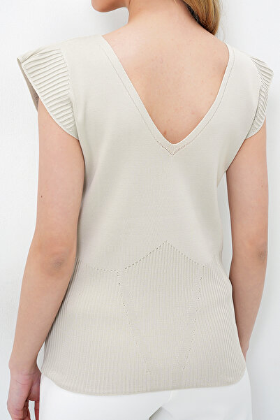 VAGGON Women's Stone Front Back V-Neck Summer Knitwear Blouse Prmx14051