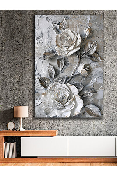 KanvasSepeti KABARTMA GÖRÜNÜMLÜ GÜMÜŞ ZARİF ÇİÇEKLER KANVAS TABLO