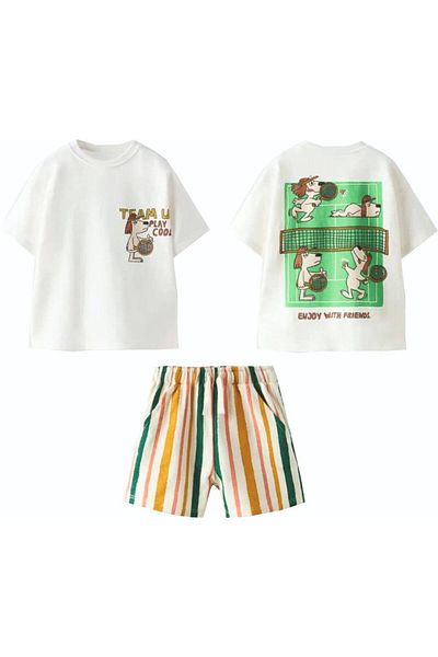 Tiny ''Team U Play Cool'' Tennis Playing Puppies Printed T-Shirt and Shorts Boys' Set