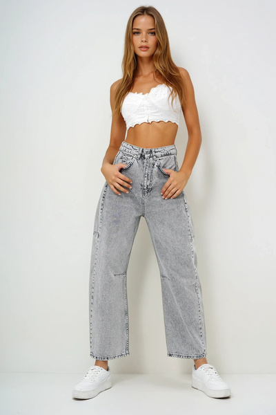VAGGON Women's Gray High Waist Baggy Balloon Jean Prm0721