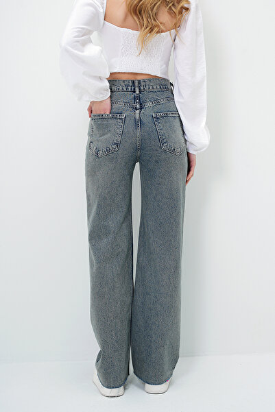 VAGGON Kadın Vintage Mavi Yüksek Bel Yıkamalı Paçası Püsküllü Palazzo Jean Pantolon Prmx13982