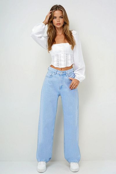 VAGGON Pantaloni de damă albastru deschis cu talie înaltă Buggy Cut Jean Prmx13955