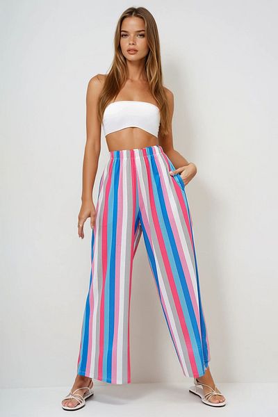 VAGGON Double Pocket Stripe Patterned Wide Leg Summer Trousers