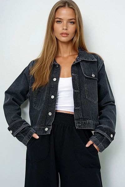 VAGGON Women's Anthracite Double Pocket Sleeves Band Detailed Crop Jean Jacket Prmx13906
