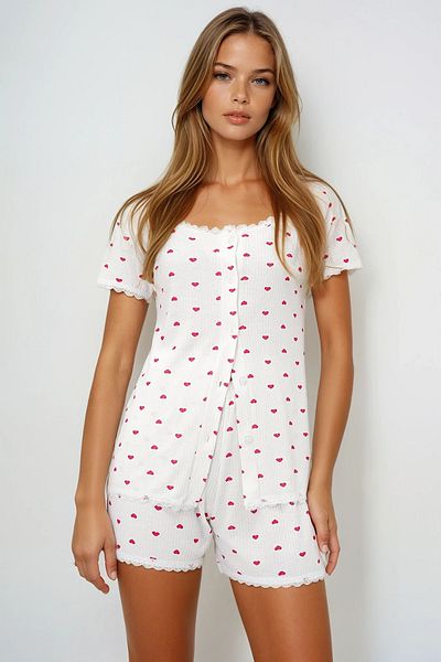 VAGGON Scallop Detailed Cotton Wide Collar Shirt and Shorts Pajama Set