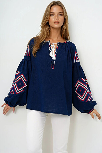 VAGGON Women's Navy Blue Sleeves Embroidered Muslin Linen Summer Blouse Prmx14099