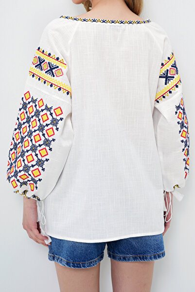 VAGGON Women's White Wide Collar Embroidery Work Summer Linen Blouse Prmx14102