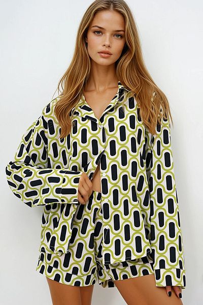 VAGGON V-Neck Cuff and Leg Detailed Woven Summer Shirt and Shorts Pajama Set