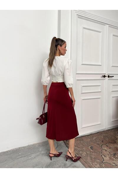 Jeevee Burgundy Mesh Detailed Slit High Waist Midi Skirt