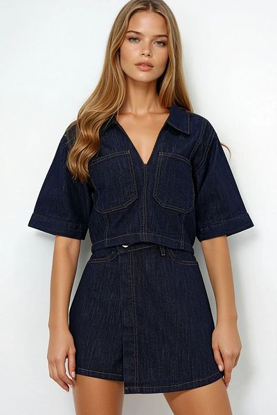 VAGGON Women's Navy Blue V-Neck Double Pocket Crop Jean Blouse and Shorts Skirt Set Prmx14072