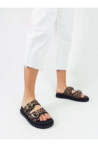 GDT Ayakkabı Black Color Leopard Pattern Flat Sole Women's Slippers