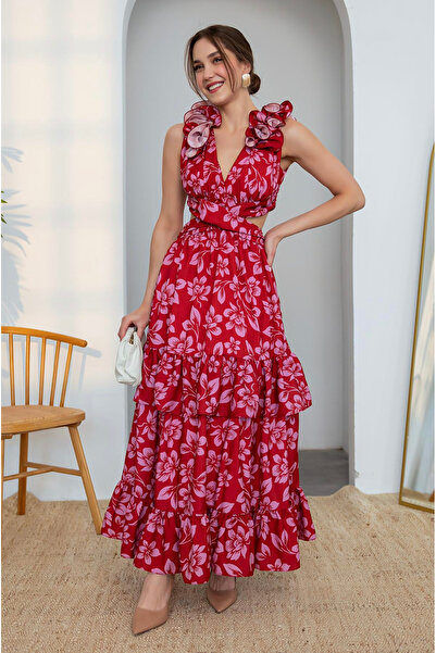 Afiş Butik Μακρύ φόρεμα με μπορντό λαιμόκοψη με λουλουδάτο μοτίβο και φούστα