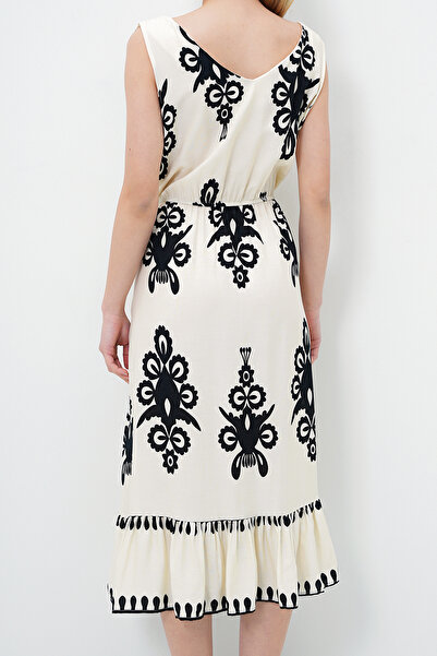 VAGGON Women's Black-Ecru Front Back V-Neck Patterned Skirt Flounced Summer Woven Dress Prmx14095