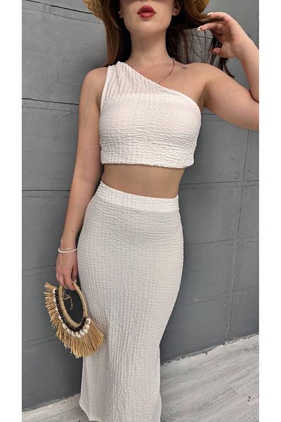 Butik Merrline Women's White Babil Model Gagari Fabric One Shoulder Blouse Crop Back Slit Skirt Double Set