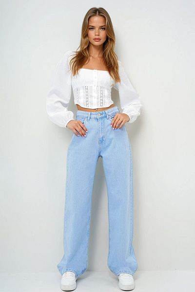 VAGGON Pantaloni de damă albastru deschis cu talie înaltă Buggy Cut Jean Prmx13955