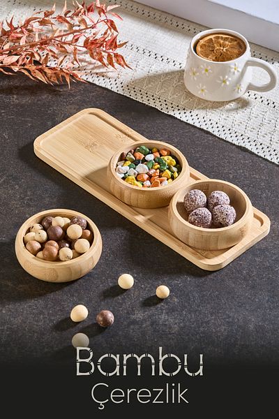 Vienev 3 Round Bowl Bamboo Snack Bowl with Tray