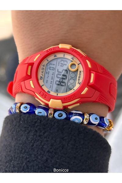 Jaga Pool Sea Use, Light, Calendar, Stopwatch Red Digital Girl's Wrist Watch+Bracelet
