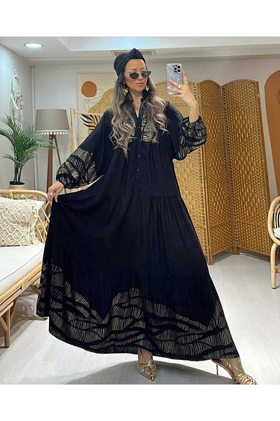 QUAWEAR Half Placket Button V-Neck Gold Foil Printed Loose Fit Full Length Dress