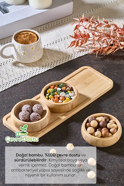Vienev 3 Round Bowl Bamboo Snack Bowl with Tray