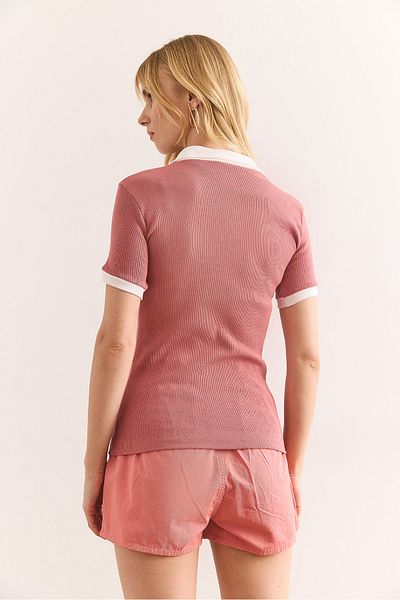 Olalook Γυναικεία Dusty Rose White Polo γιακά Χρώμα Λεπτομερή ελαστική βαμβακερή μπλούζα BLZ-19002920