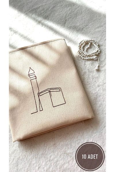 Nurdan Keskin 10 PCS - Minimal Kaaba Embroidered Linen Prayer Rug Prayer Rack - Dowry Gift Bag Prayer Rug