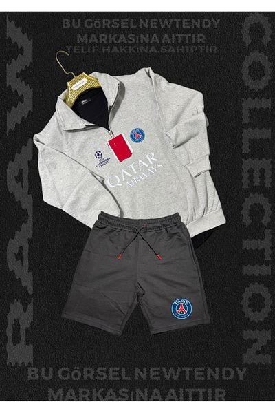 Minikelya Paris Sweatshirt Summer Suit Stand-Up Collar Top Combed Cotton Shorts Bottom Champions League Logo 2-Piece Combination