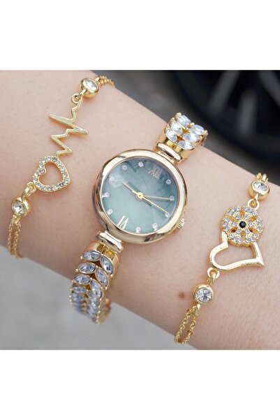 istanbul form Gold Taşlı Metal Kordon Kadın Saat Kombini 3435