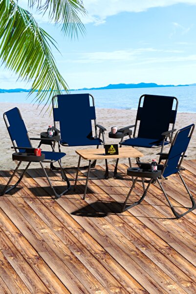 Cosargroup 4 Adet Katlanır Kamp Sandalye ve Masa Seti-Taşınabilir Piknik Bahçe Sandalyesi-Masası Bardaklıklı