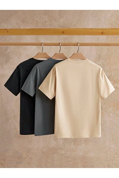 darkopia Μπλουζάκι Unisex Basic Oversize Μπεζ, Μαύρο, Smoke Grey Πακέτο 3 τεμαχίων