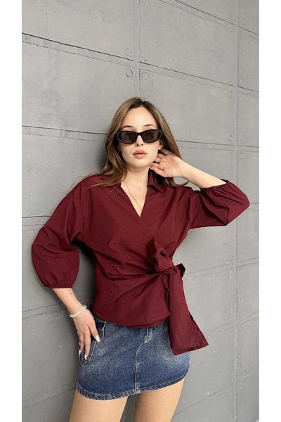 Butik Cămașă țesătă din bumbac de calitate superioară pentru femei Merline, model burgundă, la două piept