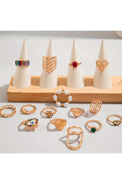 Takıtolia Selure 19 Pieces Crystal Stone Geometric Evil Eye Design Vintage Multiple Gold Gold Ring Set
