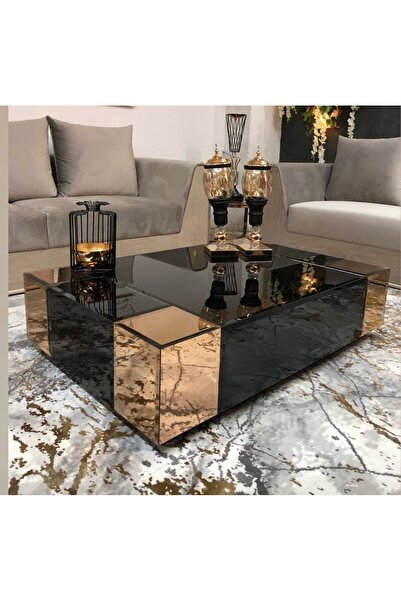 LUXURY VİLLA Siyah Camlı Gold Aynalı Tekerlekli Orta Sehpa 60x90 Yükseklik 30cm