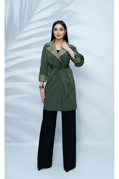 Eccim Fashion Linen Collar and Sleeve Detailed Brooch Lined Short Women's Trench Coat