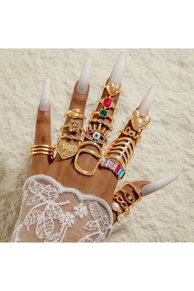 Takıtolia Selure 19 Pieces Crystal Stone Geometric Evil Eye Design Vintage Multiple Gold Gold Ring Set