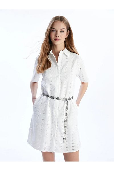 LC Waikiki Xside White Self Patterned Embroidered Shirt Dress