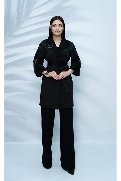 Eccim Fashion Linen Collar and Sleeve Detailed Brooch Lined Short Women's Trench Coat