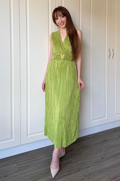 Dilay Gökoğlu Butik Πράσινο φόρεμα με διπλό γιακά Crinkle Midi πόρπη