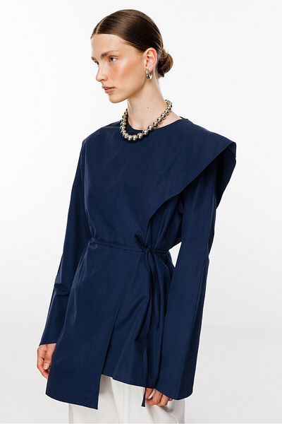KUAD Poplin Blouse - Navy Blue Shawl Detailed